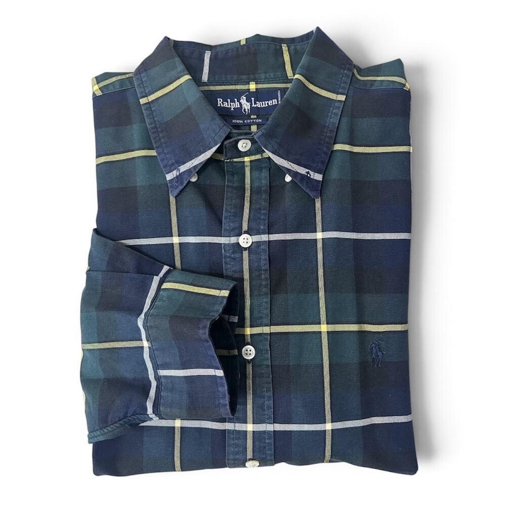 Ralph Lauren Button Down Shirt Mens XL Green Blue Plaid Long Sleeve Preppy